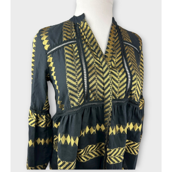 Kasia Blouse Black & Gold Balloon Sleeve Boho Geometric Babydoll Top Size Small - Picture 5 of 13